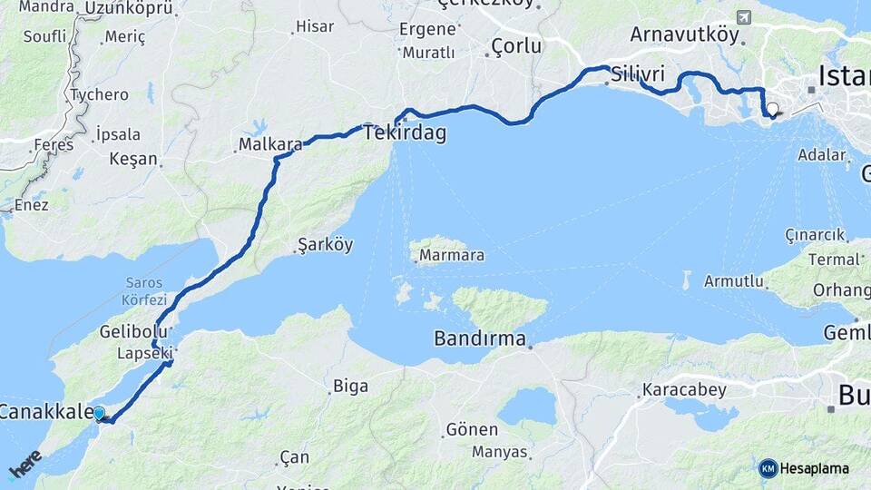 Çanakkale Ataköy 7-8-9-10. Kısım Bakırköy İstanbul Arası Kaç Km - Yol Haritası