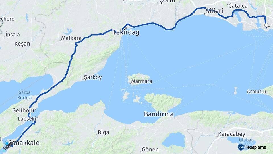 Çanakkale Atatürk Havalimanı Arası Kaç Km - Yol Haritası