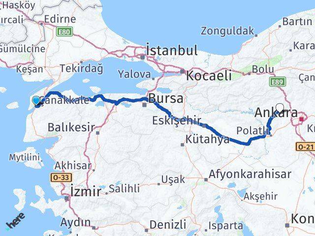 Çanakkale Ayaş Ankara Arası Kaç Km - Yol Haritası