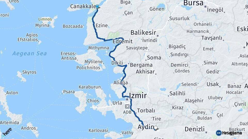 Çanakkale Aydın Arası Kaç Km - Yol Haritası