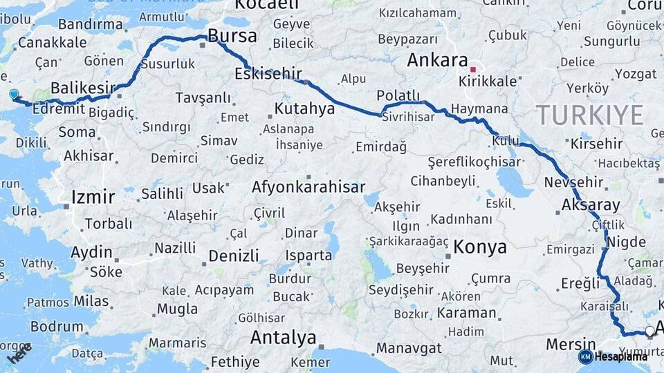 Çanakkale Ayvacık Adana Arası Kaç Km - Yol Haritası