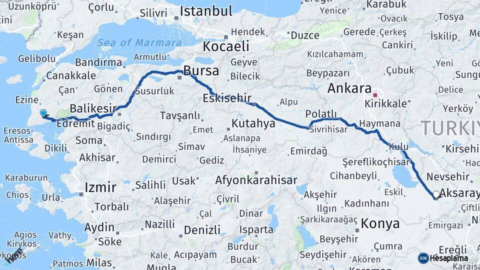 Çanakkale Ayvacık Aksaray Arası Kaç Km - Yol Haritası
