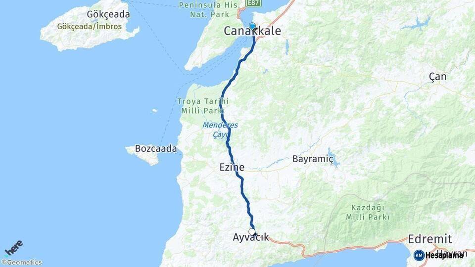 Çanakkale Ayvacık Arası Kaç Km - Yol Haritası