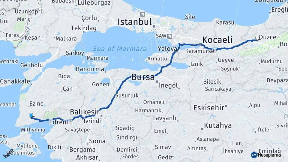 Çanakkale Ayvacık Düzce Arası Kaç Km - Yol Haritası