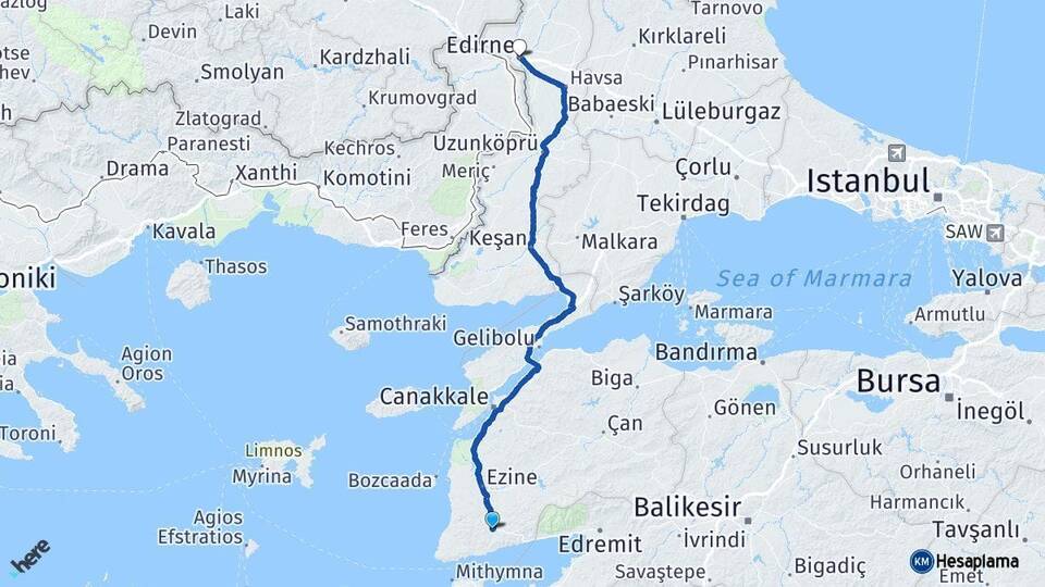 Çanakkale Ayvacık Edirne Arası Kaç Km - Yol Haritası