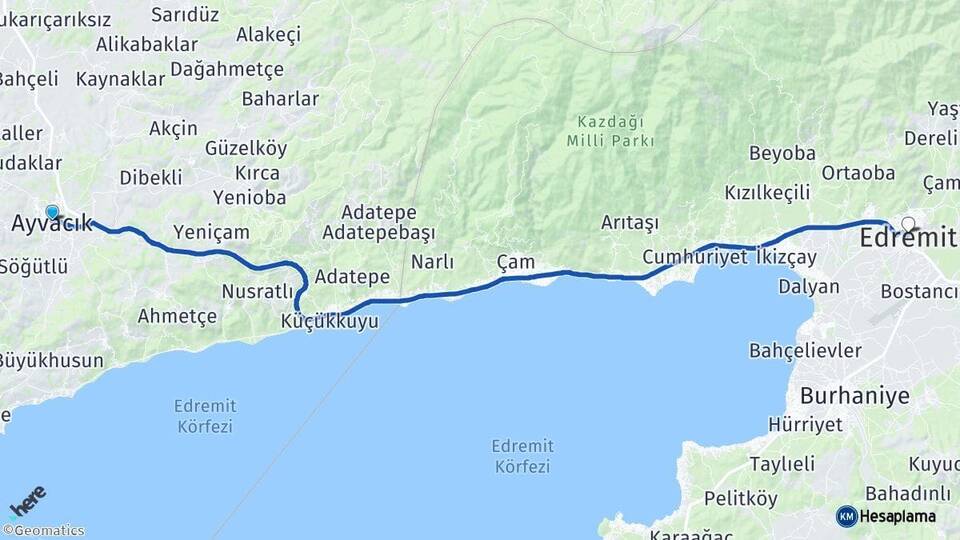 Çanakkale Ayvacık Edremit Balıkesir Arası Kaç Km - Yol Haritası