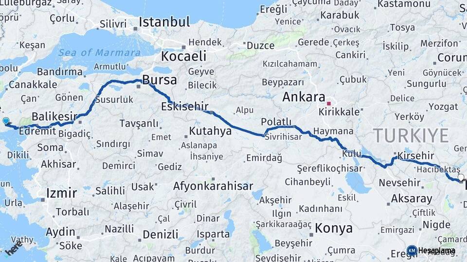 Çanakkale Ayvacık Kayseri Arası Kaç Km - Yol Haritası