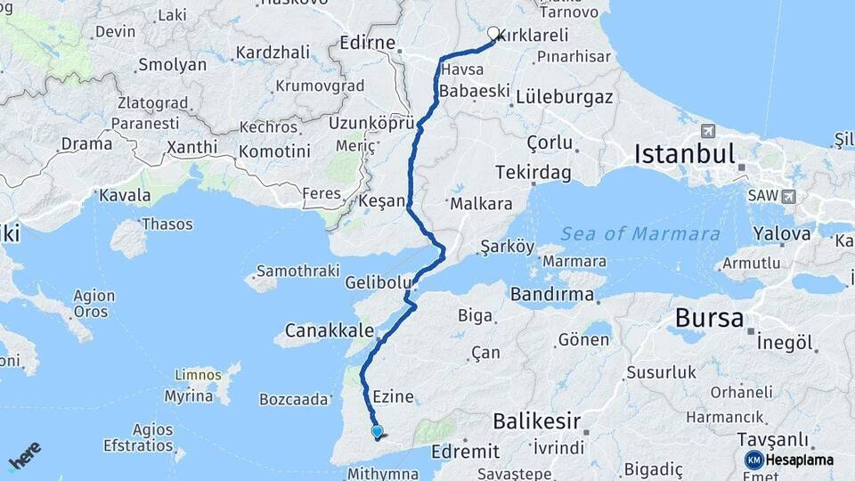 Çanakkale Ayvacık Kırklareli Arası Kaç Km - Yol Haritası