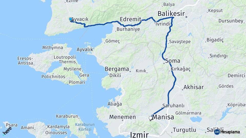 Çanakkale Ayvacık Manisa Arası Kaç Km - Yol Haritası