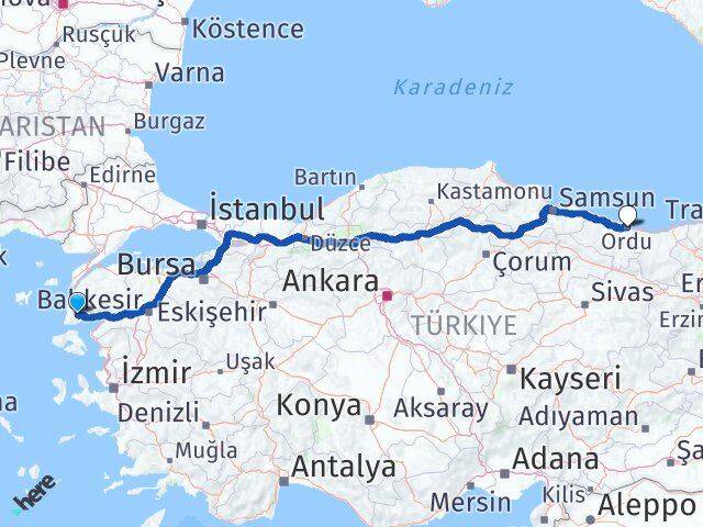 Çanakkale Ayvacık Ordu Arası Kaç Km - Yol Haritası