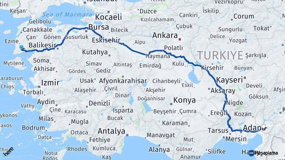 Çanakkale Ayvacık Osmaniye Arası Kaç Km - Yol Haritası