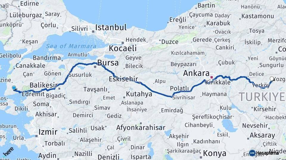 Çanakkale Ayvacık Yozgat Arası Kaç Km - Yol Haritası