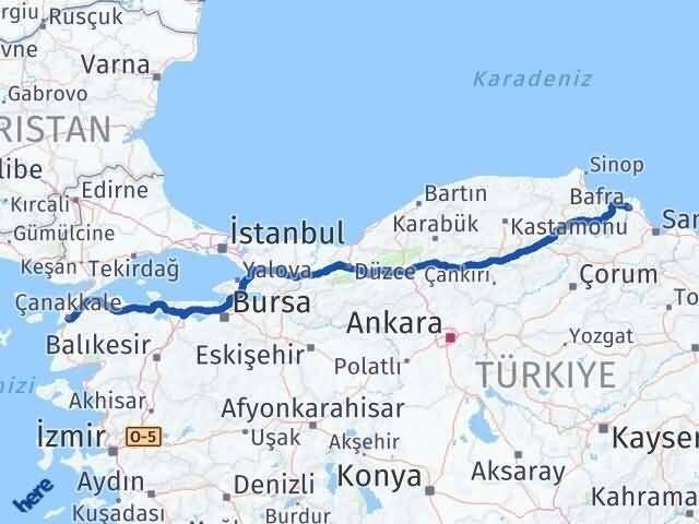 Çanakkale Bafra Samsun Arası Kaç Km - Yol Haritası