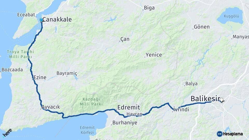 Çanakkale Balıkesir Arası Kaç Km - Yol Haritası