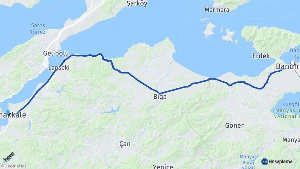 Çanakkale Bandırma Balıkesir Arası Kaç Km - Yol Haritası