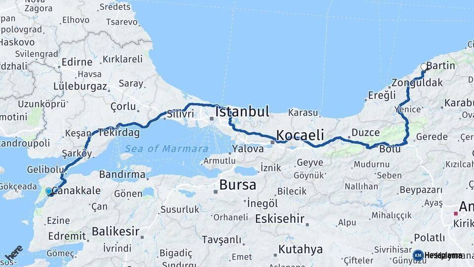 Çanakkale Bartın Arası Kaç Km - Yol Haritası