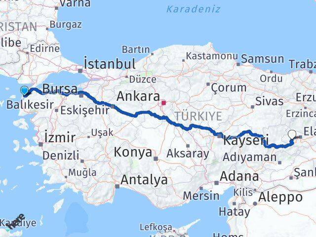 Çanakkale Baskil Elazığ Arası Kaç Km - Yol Haritası