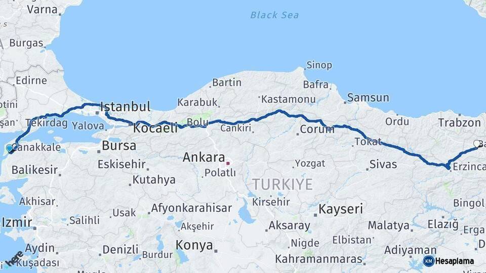 Çanakkale Bayburt Arası Kaç Km - Yol Haritası