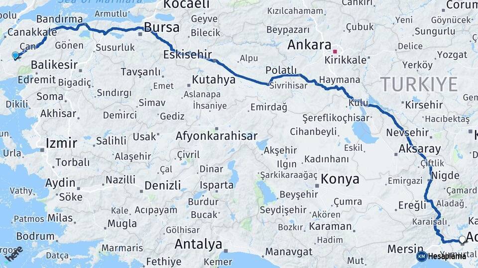 Çanakkale Bayramiç Adana Arası Kaç Km - Yol Haritası