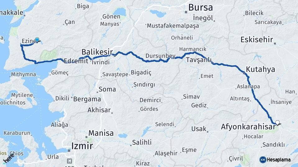 Çanakkale Bayramiç Afyonkarahisar Arası Kaç Km - Yol Haritası