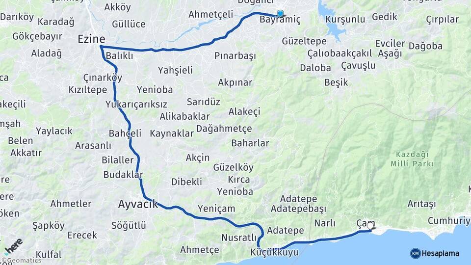 Çanakkale Bayramiç Altınoluk Edremit Balıkesir Arası Kaç Km - Yol Haritası