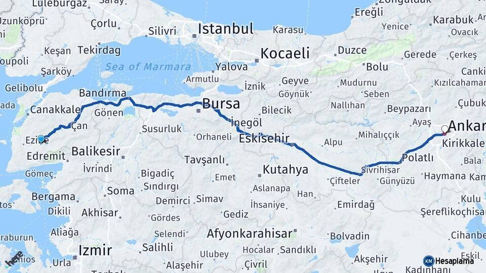 Çanakkale Bayramiç Ankara Arası Kaç Km - Yol Haritası