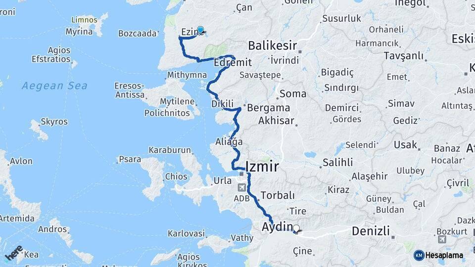 Çanakkale Bayramiç Aydın Arası Kaç Km - Yol Haritası