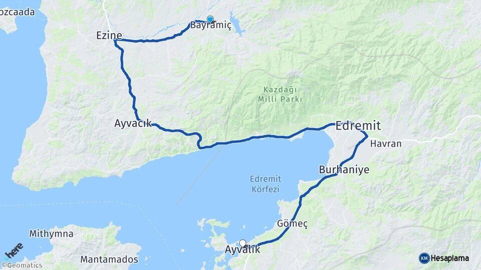 Çanakkale Bayramiç Ayvalık Balıkesir Arası Kaç Km - Yol Haritası