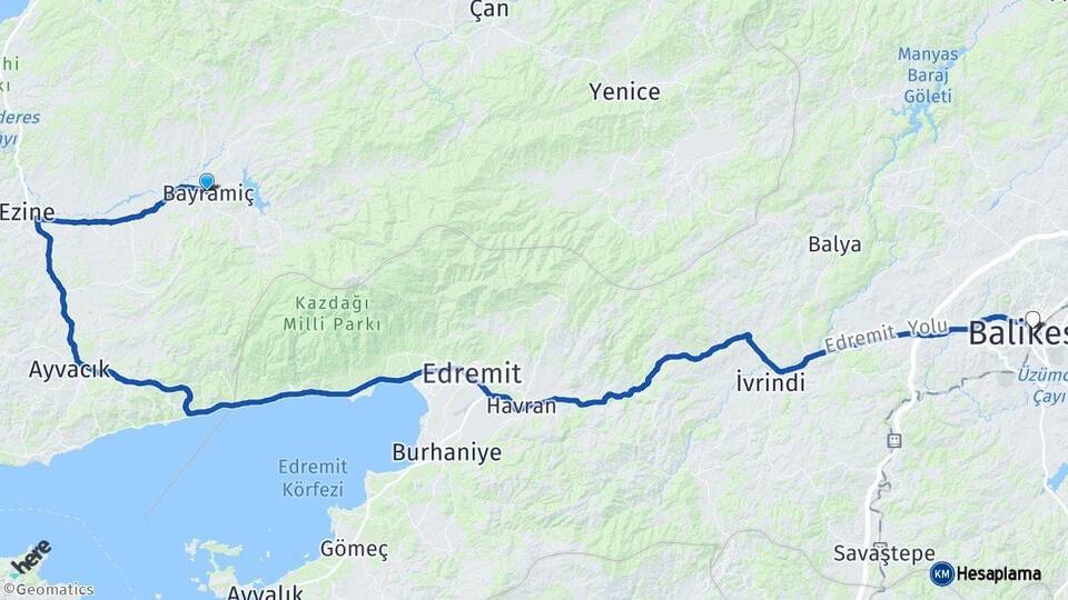 Çanakkale Bayramiç Balıkesir Arası Kaç Km - Yol Haritası