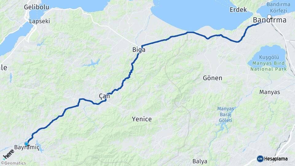 Çanakkale Bayramiç Bandırma Balıkesir Arası Kaç Km - Yol Haritası