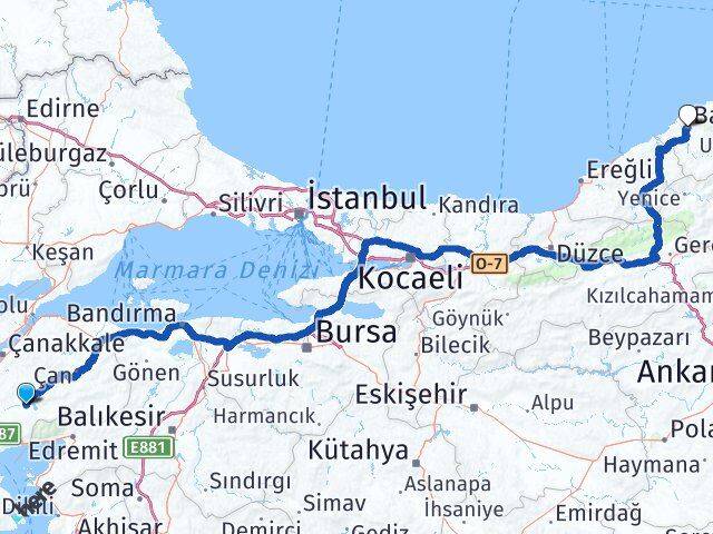 Çanakkale Bayramiç Bartın Arası Kaç Km - Yol Haritası