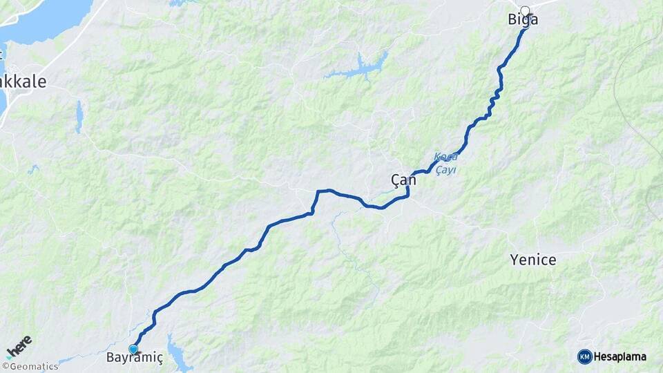 Çanakkale Bayramiç Biga Arası Kaç Km - Yol Haritası
