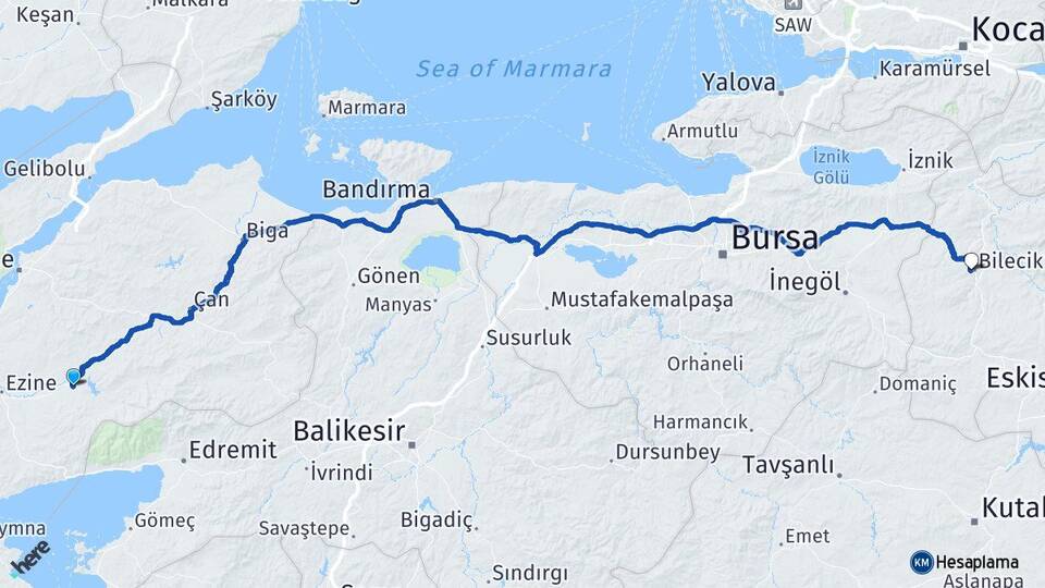 Çanakkale Bayramiç Bilecik Arası Kaç Km - Yol Haritası
