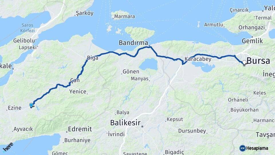 Çanakkale Bayramiç Bursa Arası Kaç Km - Yol Haritası