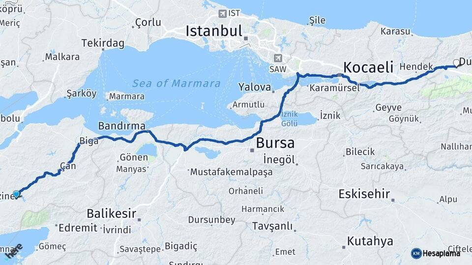 Çanakkale Bayramiç Düzce Arası Kaç Km - Yol Haritası