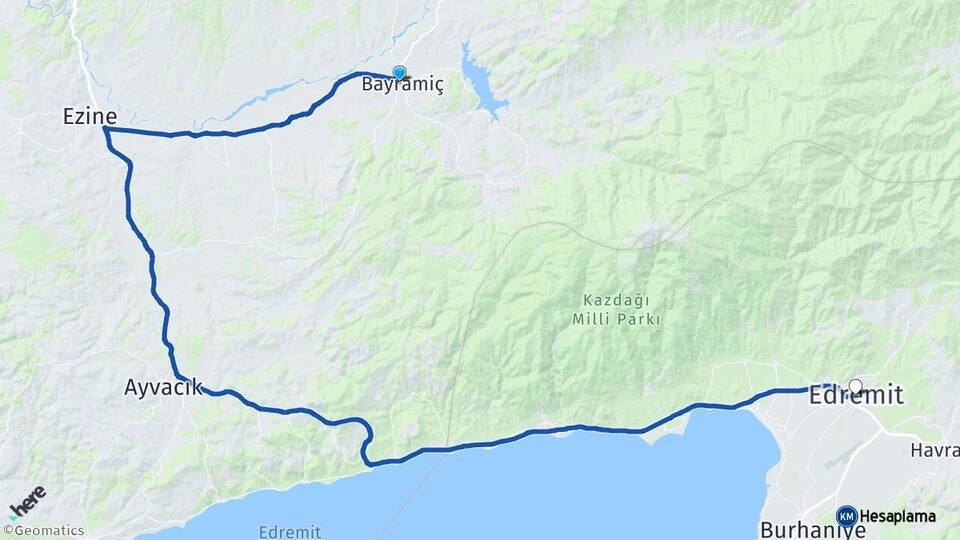 Çanakkale Bayramiç Edremit Balıkesir Arası Kaç Km - Yol Haritası