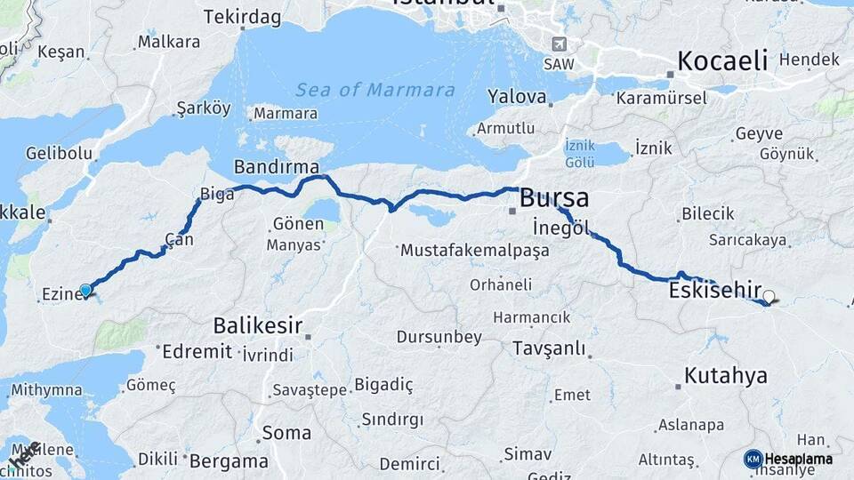 Çanakkale Bayramiç Eskişehir Arası Kaç Km - Yol Haritası