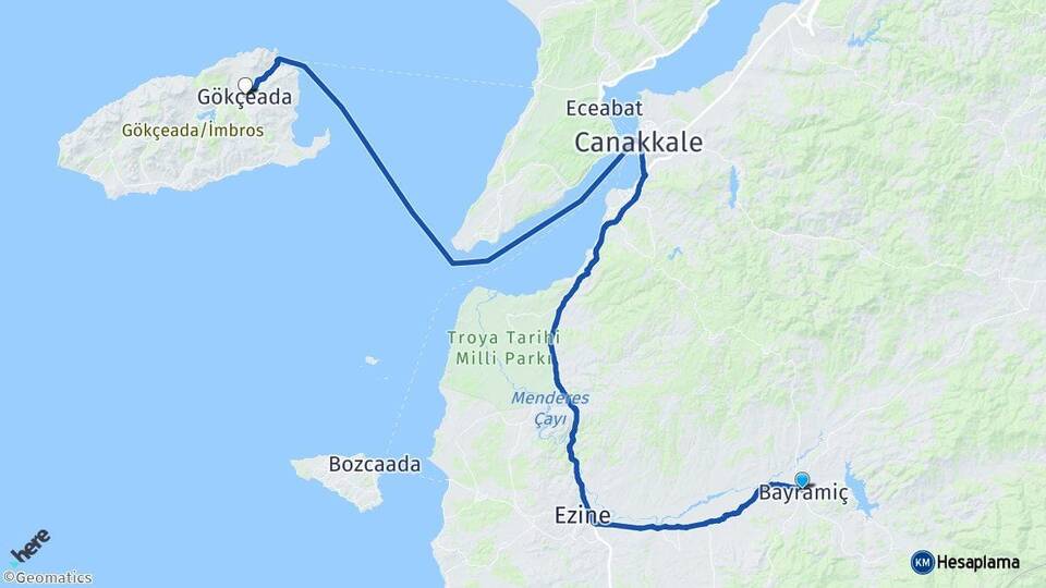Çanakkale Bayramiç Gökçeada Arası Kaç Km - Yol Haritası