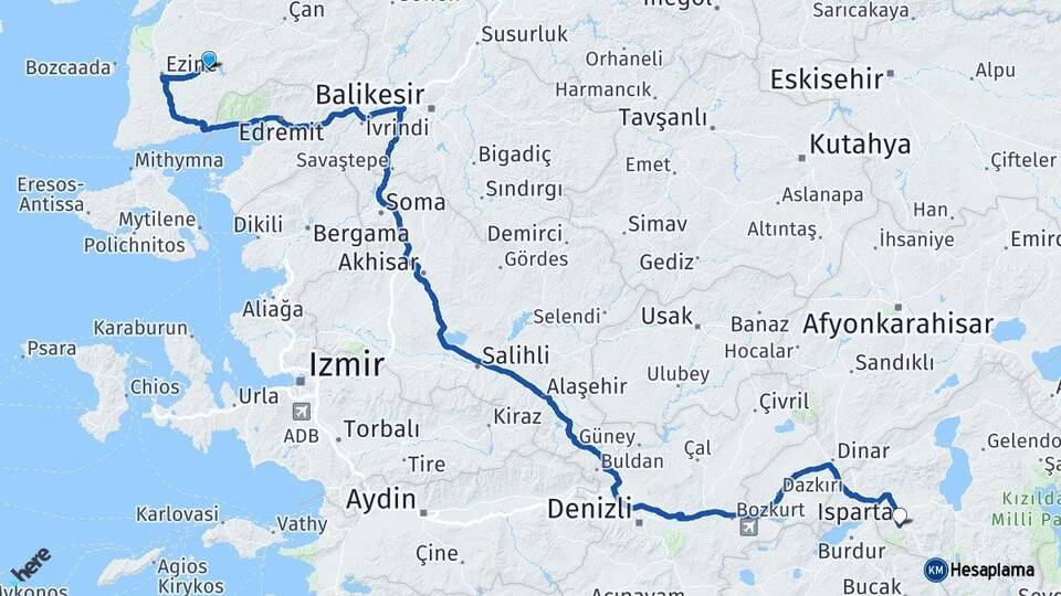 Çanakkale Bayramiç Isparta Arası Kaç Km - Yol Haritası