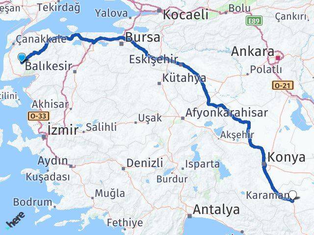 Çanakkale Bayramiç Karaman Arası Kaç Km - Yol Haritası