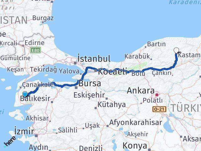 Çanakkale Bayramiç Kastamonu Arası Kaç Km - Yol Haritası