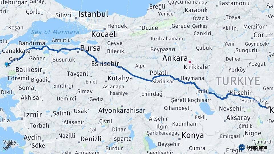 Çanakkale Bayramiç Kayseri Arası Kaç Km - Yol Haritası