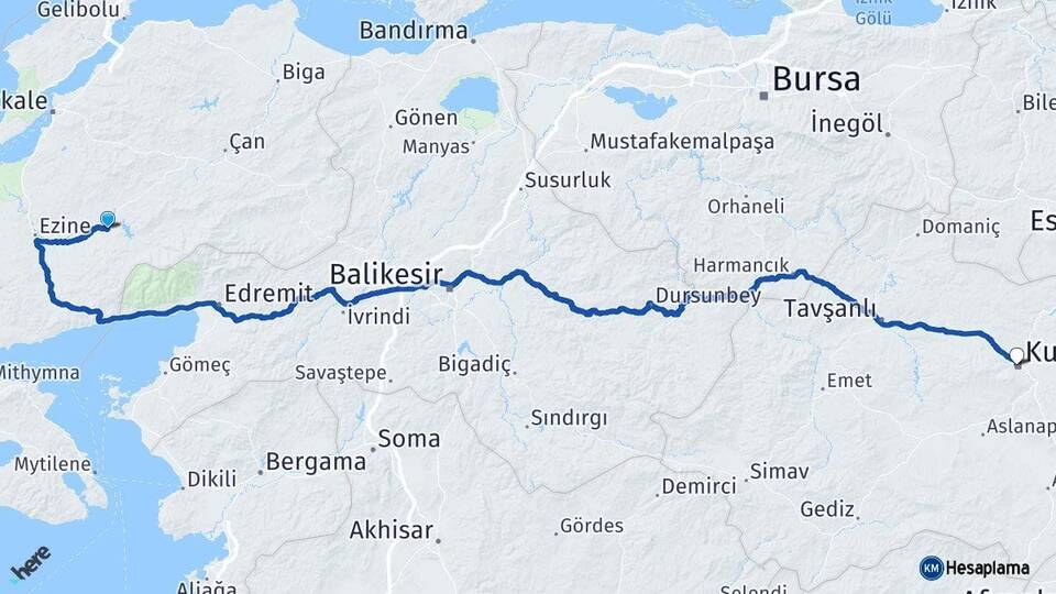 Çanakkale Bayramiç Kütahya Arası Kaç Km - Yol Haritası