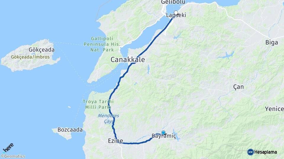 Çanakkale Bayramiç Lapseki Arası Kaç Km - Yol Haritası