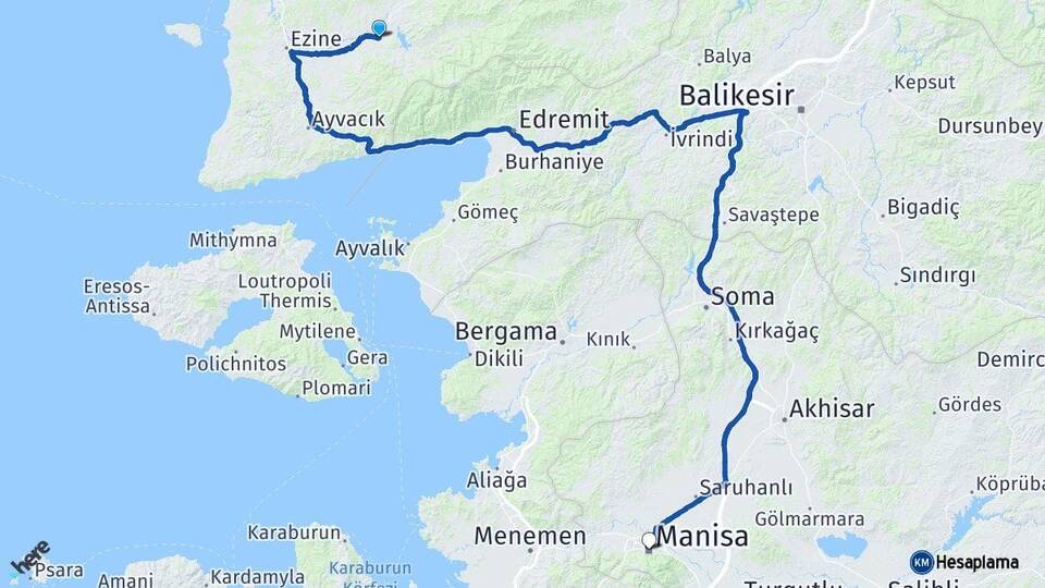 Çanakkale Bayramiç Manisa Arası Kaç Km - Yol Haritası