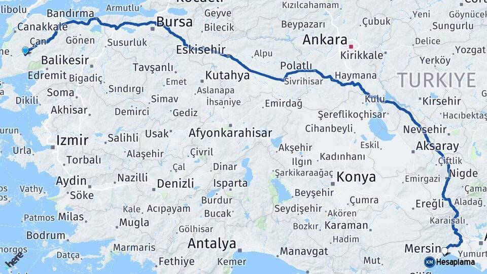 Çanakkale Bayramiç Mersin Arası Kaç Km - Yol Haritası