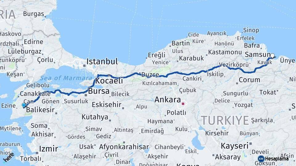 Çanakkale Bayramiç Samsun Arası Kaç Km - Yol Haritası