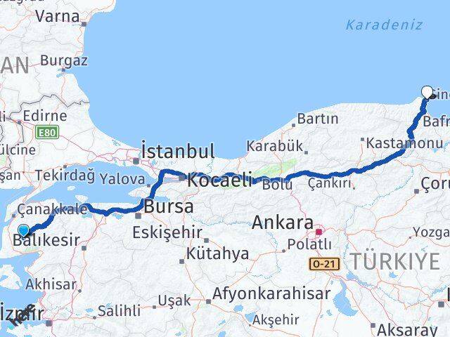 Çanakkale Bayramiç Sinop Arası Kaç Km - Yol Haritası