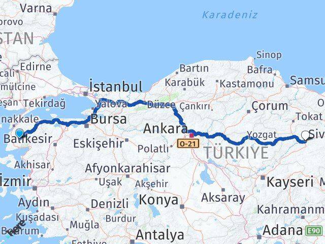 Çanakkale Bayramiç Sivas Arası Kaç Km - Yol Haritası