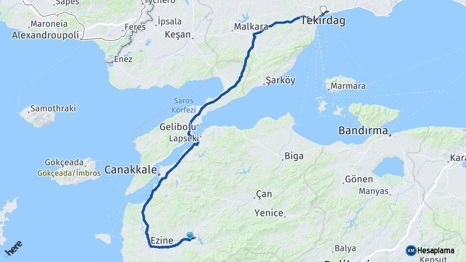 Çanakkale Bayramiç Tekirdağ Arası Kaç Km - Yol Haritası